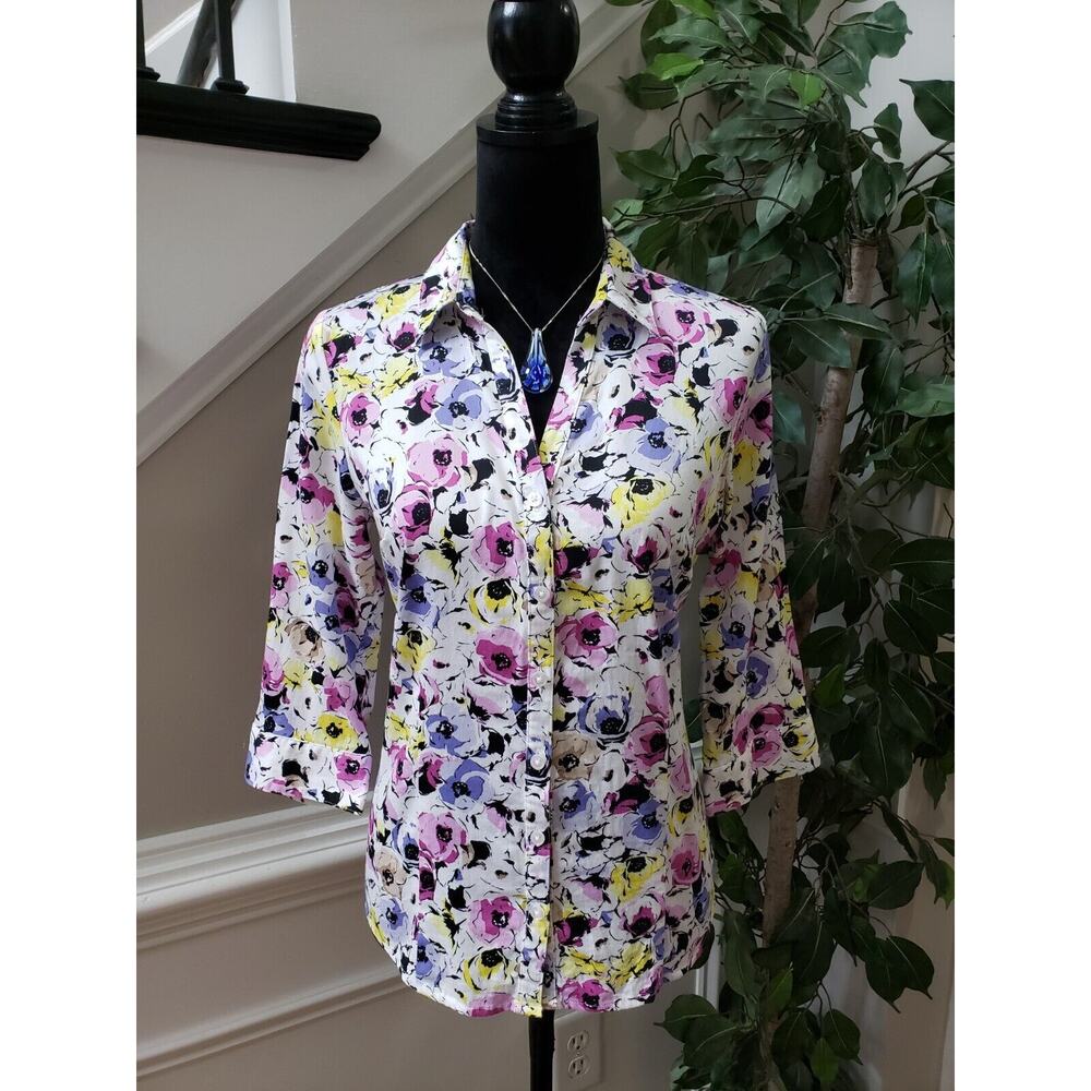 Dana Buchman Women's Multicolor Floral Collared Long Sleeve Button Down Shirt M